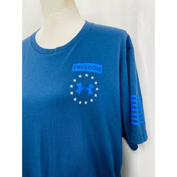 Under Armour Men’s Shirt Blue Short Sleeve Freedom Heat Gear Loose Fit Size XL - Picture 3 of 10
